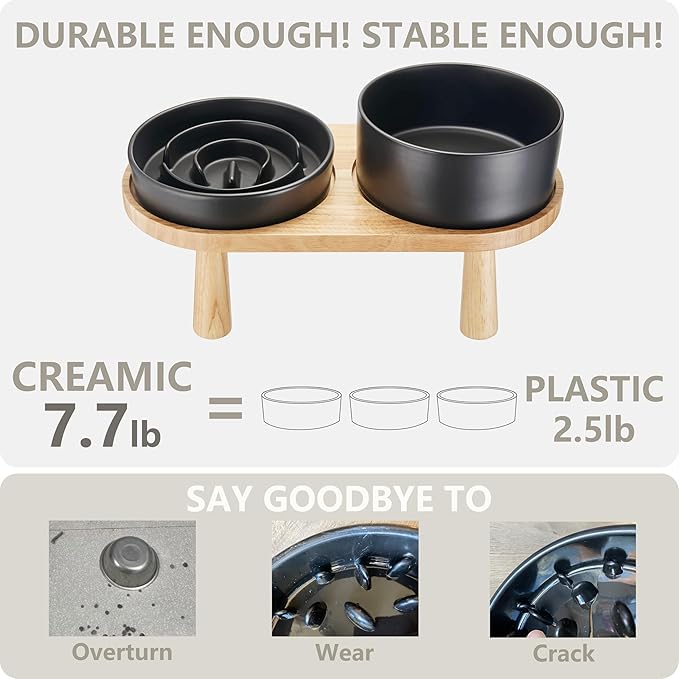 Ceramic Slow Feeder and Water Bowl Set for Medium and Large Dogs, Ceramic Dog Bowls Elevated with Wooden Stand, 2.0 Cups Dog Slow Feeder(30oz) and 70oz Water Bowl Set, Black