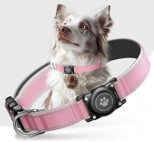 Airtag Dog Collar - 100% Waterproof Air tag Dog Collar Holder for Apple AirTag, Reflective, Soft Padded, Everlasting, GPS Dog Collar for Small Medium Large Dogs (Pink, S)