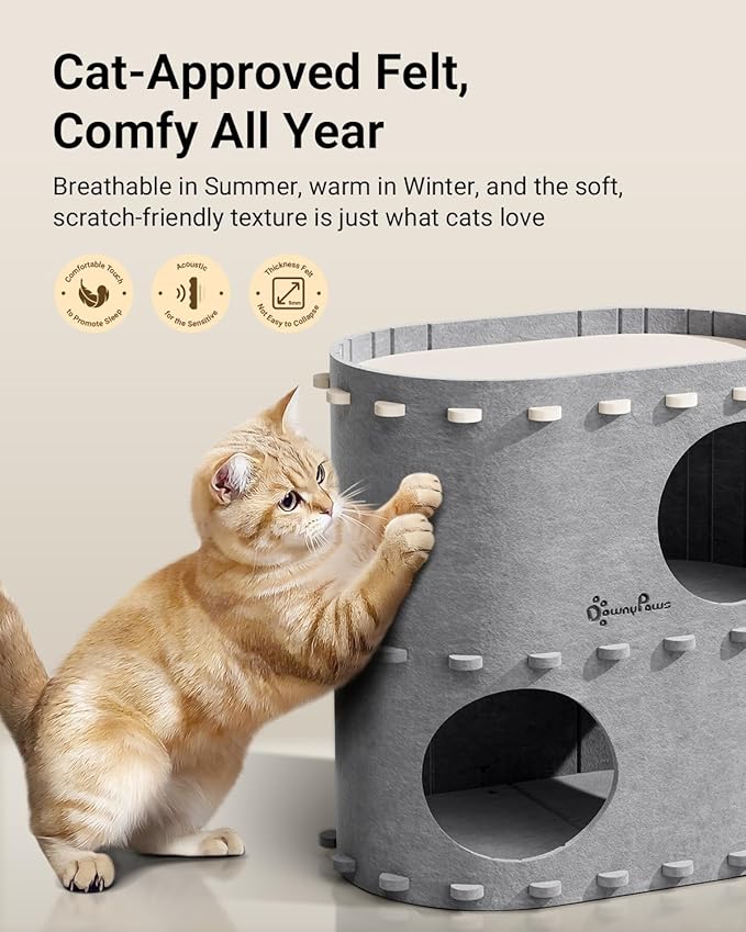 DownyPaws Cat House for Indoor Cats, 2-Storey Foldable Cat Bed Cave, Felt Cats Tunnel Bed Condo, Castle Kitten Cube Hideaway for Multicats, Scratch Resistant, Light Gray