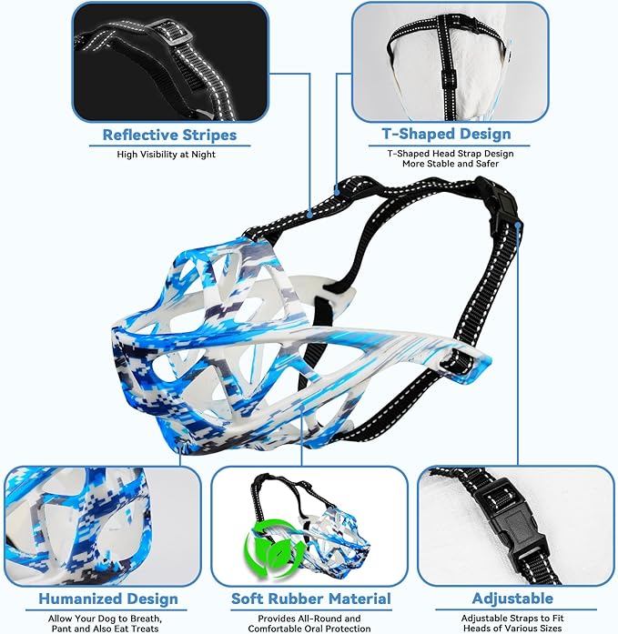 Dog Muzzle for Large Dogs, Medium and X-Large Aggressive Dog, Breathable Basket Muzzles, Suitable for Grooming Trimming Training, Allows Panting Drinking (Camouflage Blue, S)