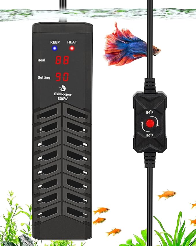 fishkeeper 800W Submersible Aquarium Heater – Ultra-Safe Digital Fish Tank Heater for 80-230 Gallon, Leaving Water Auto Power-Off, PID Intelligent Fast Heating, 59°F-93°F Accurate Temperature Control