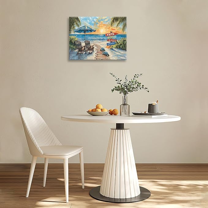 Beach Ocean Bathroom Pictures Wall Art, Seaside Coastal Bathroom Wall Decor, Sunrise Framed Painting Canvas Artwork for Bedroom Living Room Decorations 20"L x 16"W