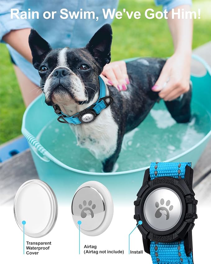 TagME Airtag Dog Collar,Waterproof Reflective Pet Collar with Airtag Holder,Soft Padded and Double D-Rings for Small Dogs,Light Blue