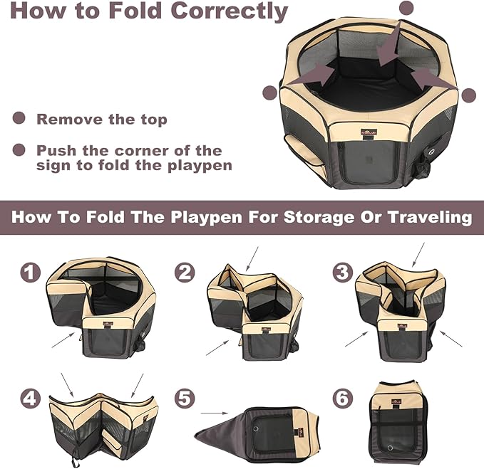 Aivituvin Portable Pet Playpen, Foldable Dog Tent Crate Cage for Puppies and Cats, Exercise Pop Up Dog Kennel with Carrying Case Indoor Outdoor, Waterproof and Zipper Top Cover Door, Brown