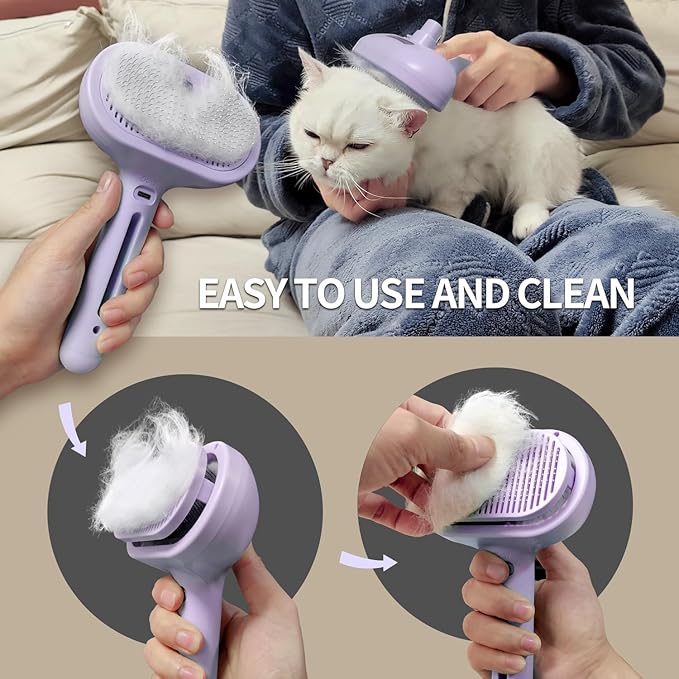3-in-1 Self-Cleaning Brush for Shedding Dogs and Cats - Removes Static, Tangles, and Loose Hair (Purple)