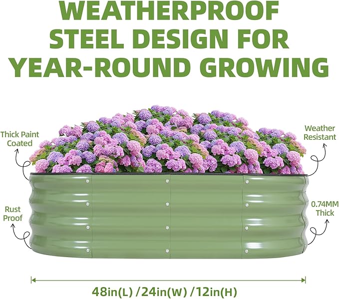 G GOOD GAIN Galvanized Metal Raised Garden Bed Kit - 4x2x1FT Outdoor Planter Box with Safety Edging and Gloves for Vegetables, Fruits, Flowers(Oliver Green, 1PC)