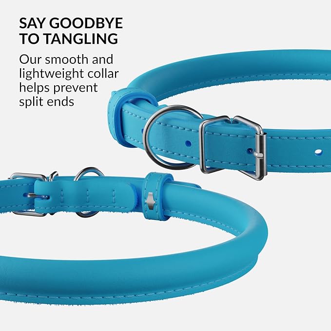 CollarDirect Rolled Leather Dog Collar, Soft Padded Round Puppy Collar, Handmade Genuine Leather Collar Dog Small Large Cat Collars 13 Colors (15-19 Inch, Light Blue)