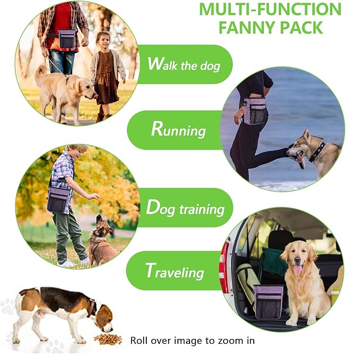 Dog Treat Pouches for Pet Training with Magnetic Closure Treat Pouches for Pet Training,Large Dog Treat Training Pouch and Dog Clicker,Training Treat Pouch Built-In Poop Bag Dispenser-Purple.