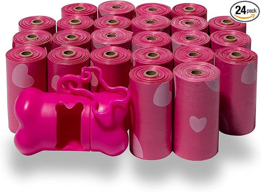 Best Pet Supplies Dog Poop Bags (360 Bags) for Waste Refuse Cleanup, Doggy Roll Replacements for Outdoor Puppy Walking and Travel, Leak Proof and Tear Resistant, Thick Plastic - Pink Heart