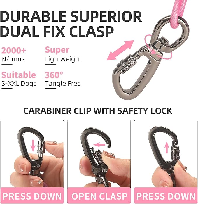 Dog tie Out Cable, 10/20/25/30/50/70/100 feet, Suitable for Dogs up to 350 pounds, Dog Cable with Swivel Buckle, Lightweight, Non-Winding, for Outdoor Camping, Yard Dog Cable (Pink, 10FT)