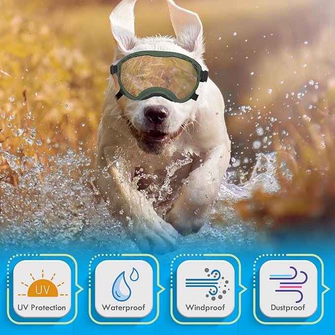 Dog Goggles for Large Dogs, UV Wind Dust Fog Protection, Soft Frame Adjustable Dog Sunglasses, Summer Driving & Winter Snow Eyewear, Tactical Pet Glasses with Elastic Strap (Green)