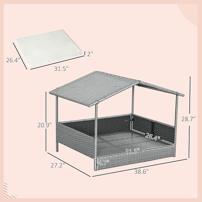 PawHut Wicker Dog House Outdoor with Canopy, Rattan Dog Bed with Water-Resistant Cushion, Raised Dog Bed for Small, Medium Dogs up to 66 lbs, 19.75" in Length, Silver Wicker, White Cushion