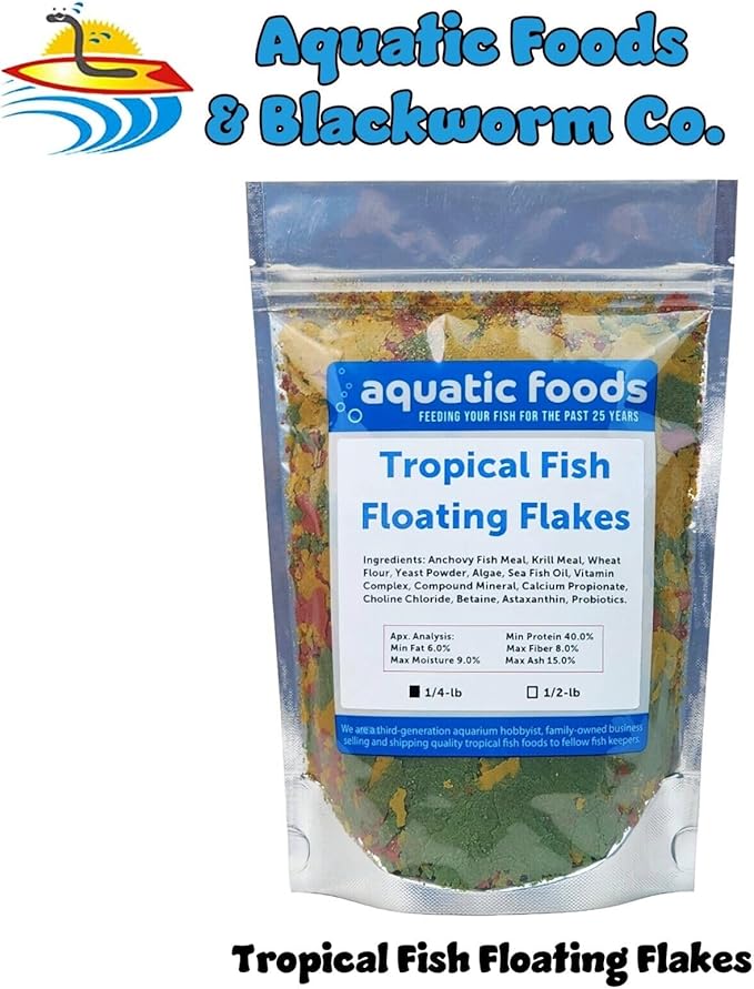 Aquatic Foods Inc. Tropical Fish Flakes, Mix of Krill, Color Enhancing, Spirulina Flakes for Cichlids, Angels, Tetras, Guppies. 12-Type Pellet Mix & 4-Type Wafers Included...WL 1/4-lb Foil Bag