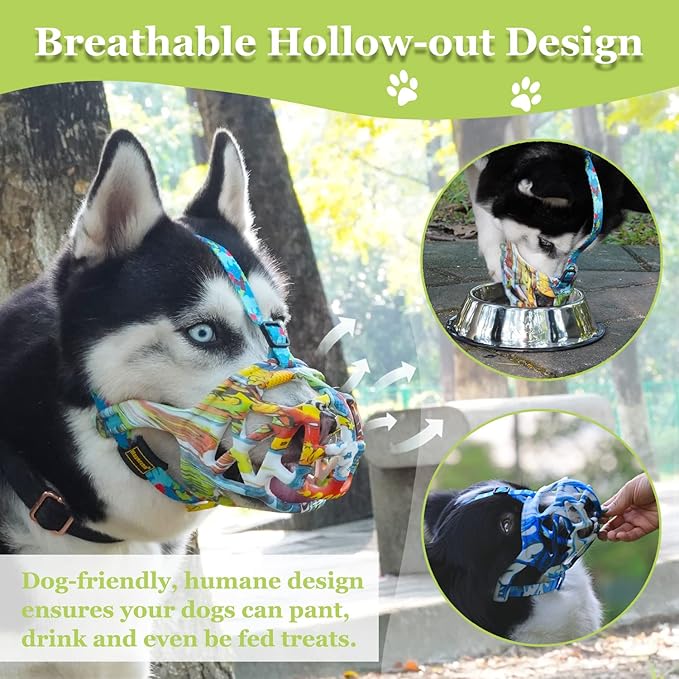 Mayrezon Dog Muzzle, Printed Basket Muzzle for Small Medium Large Dogs Dachshund, Beagle, German Shepherd, Breathable Pet Muzzles to Prevent Biting Chewing Scavenging, Allows Panting and Drinking