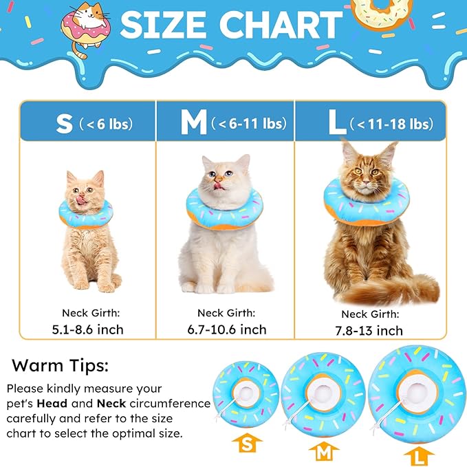 Cat Cone Collar Soft, Cat Recovery Collar for Wound Healing Cute Cat Donut Adjustable Cat Cones to Stop Licking Comfortable Lightweight Neck Elizabethan Collars for Cats Kittens After Surgery