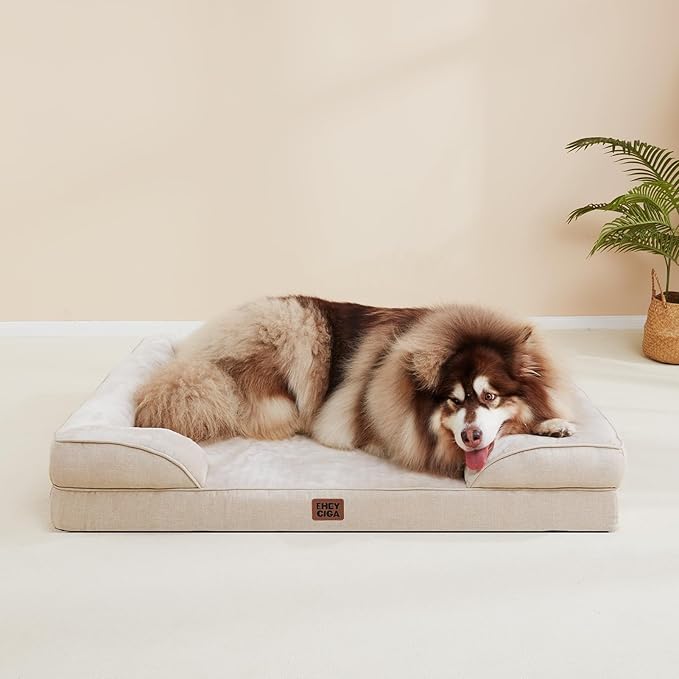 EHEYCIGA Orthopedic Dog Beds for Extra Large Dogs, Waterproof Memory Foam XXL Dog Bed with Sides, Non-Slip Bottom and Egg-Crate Foam Big Pet Couch Bed with Washable Removable Cover, Beige