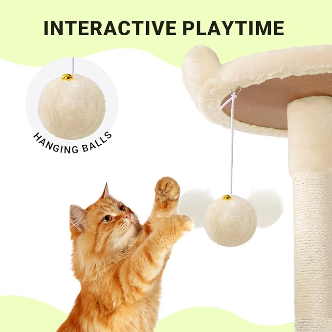 Allewie 64 Inches Cat Tree Tower/Multi-Level Activity Center for Indoor Big Felines/2 Plush Condos/2 Perchs/Basket/House/Sisal Scratching Posts/Hanging Cat Toys/Beige