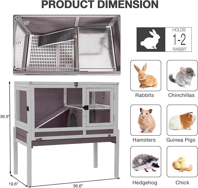 Guinea Pig Cage Indoor with Wheels Rabbit Hutch with Removable Proof Tray and Cool Zinc Plate Chew-Resistant Metal Frame Hamster Cage with Elevated Legs 36.6" L（Grey）