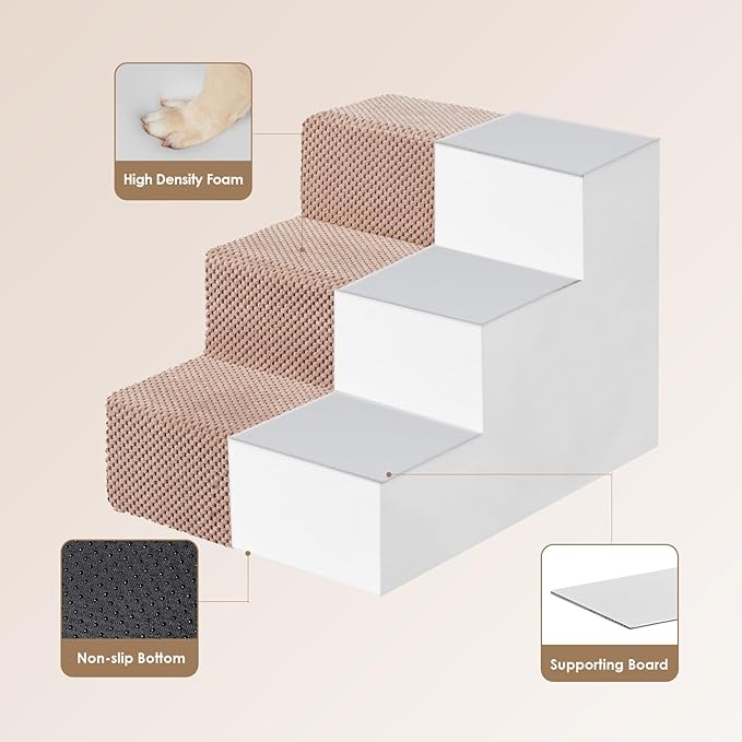 EHEYCIGA Dog Stairs for Small Dogs 13.5" H, 3-Step Dog Steps for Couch Sofa and Chair, Pet Steps for Medium Cats, Non-Slip Balanced Pet Ramp Indoor, Pink