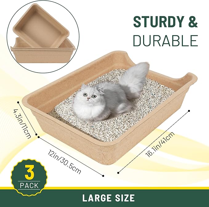 Disposable Litter Boxes for Cats, Low Entry Paper Litter Box, Paper Cat Litter Tray with One-time Pet Bath Towel Set （3PACKS with 1 Towel） for Travel on Weekends or Trips of Short Holidays