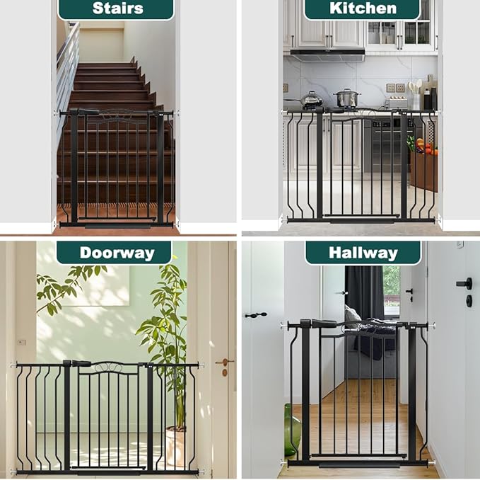 29.53"-33.85" Mornyray Auto-Close Baby Gate Extra Wide, Pressure Mounted Dog & Pet Gate for Stairs Doorways, No Drill Safety Barrier with Lace Design, Metal Child Proof Gate Indoor Outdoor, Black