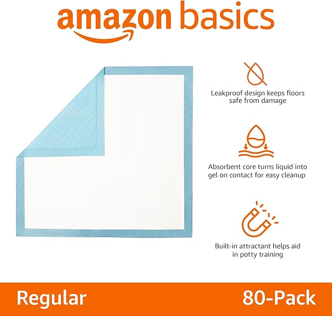 Amazon Basics Heavy Duty Dog and Puppy Pee Pads, 5-Layer Leak-Proof Ultra Absorbent, Quick-Dry Surface, Potty Training, Regular (24x23"), 80 Count, Blue & White