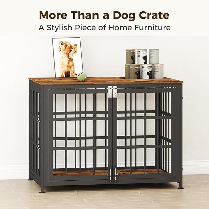 32 Inch Heavy Duty Wooden Dog Kennel End Table with Double Door Design and Secure Locks, Indoor Pet Crate Furniture for Medium Dogs, Decorative Home Cage Design,Aged Black