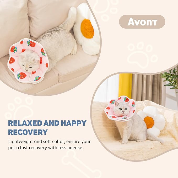 Avont Soft Cat Recovery Cone Collar, Adjustable Lightweight Kitten E-Collar for Small Dogs, Comfortable Neck Donut Stop Licking Scratching After Surgery -Strawberry(XS)