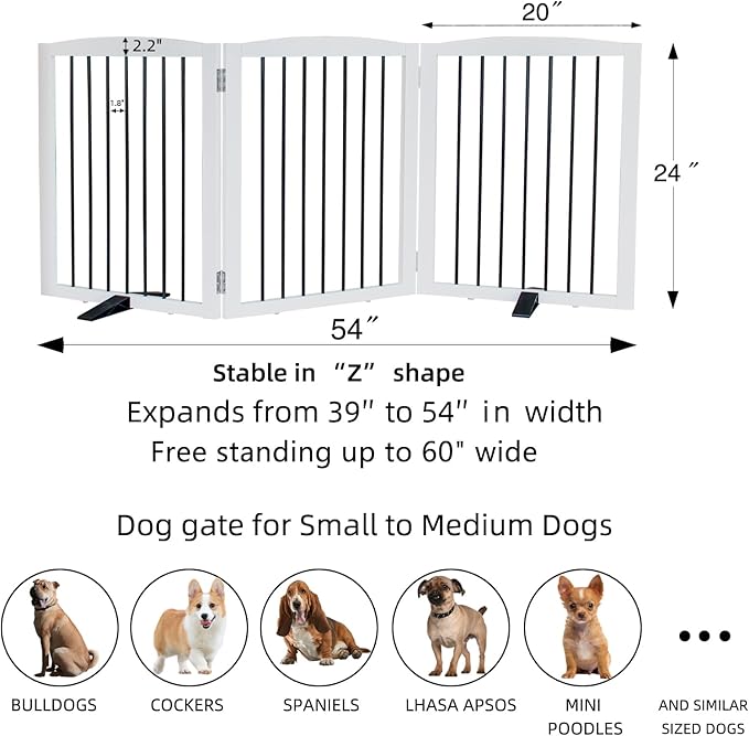 Freestanding Panel Dog Gate for Indoor Doorways, Stairs, or Hallways - Foldable Wooden Pet Gate, 24" Height - 3 Panels, White