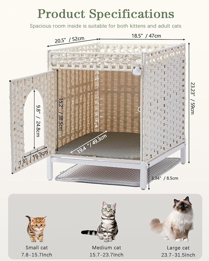 Cat Litter Box Enclosure Hidden Litter Box Furniture with Metal Heightened Feet, Rattan Handwoven Cat House with Litter Mat, Hidden Litter Box Furniture for Bedroom Living Room White