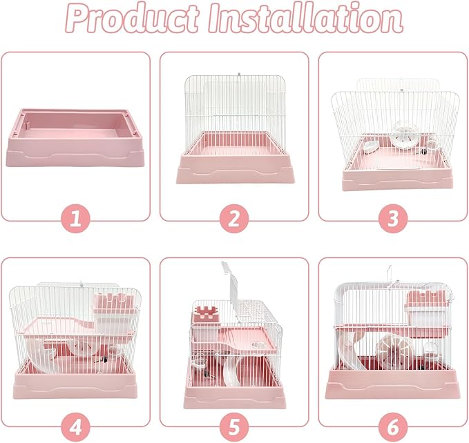 PINVNBY 2-Tier Dwarf Hamster Cage, Travel Portable Mouse Cage Gerbil Cages and Habitats Small Animal Carrier with Castle House Running Exercise Wheels, Water Bottle and Food Dis