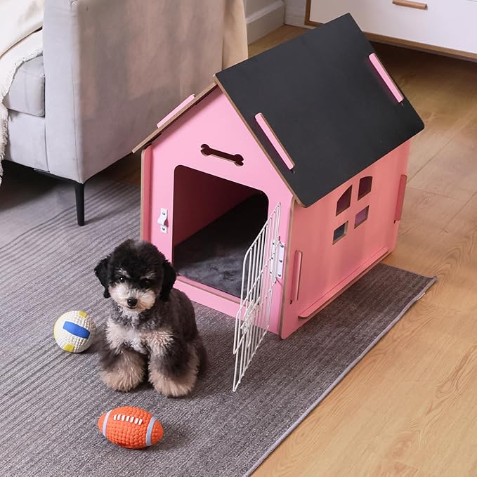 Dog House Indoor for Small Dogs or Cats, Cozy Wooden Design, Small Indoor Bed House, with Air Vents and Elevated Floor Warm Dog Cave (Large Pink)