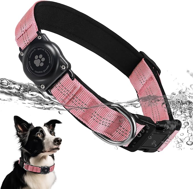 Upgraded AirTag Dog Collar, IP68 Waterproof Air Tag Dog Collar Holder, Reflective, Ultra-Durable, Comfortable Padded, Heavy Duty Dog Collars for Small Medium Large Dogs (L (14.8"-20.3"), Pink)