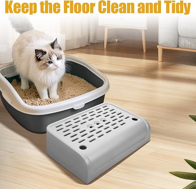 Cat Ramp for Litter Box Step, Stainless Steel Automatic Litter Box Ramp Cat Steps Mat with Filter Function, Double Layered Self Cleaning Cat Stairs with Storage Space for Litter Catcher (Grey)