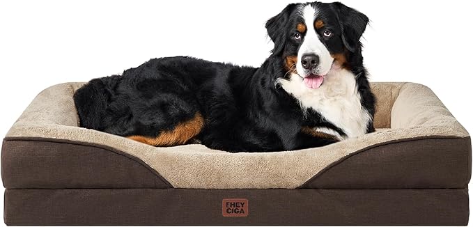 EHEYCIGA Memory Foam XXL Dog Bed for XLarge Sized, Extra Large Orthopedic Dog Sofa with Sides and Waterproof Liner, Washable Bolster Pet Couch with Removable Cover, 52x41x8 Inch, Brown