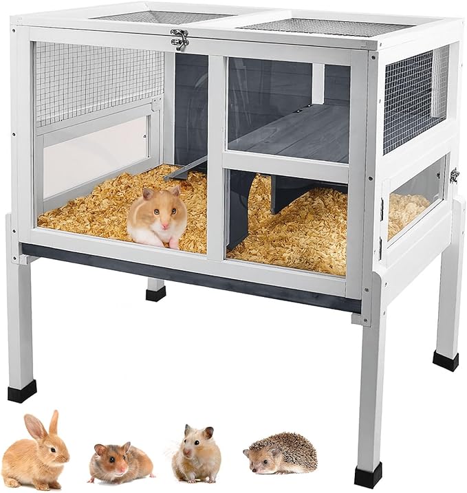 2-Story Guinea Pig Cage with Stand, Indoor Wooden Hamster Cage with Ramp, Pull-Out Tray, Hideout & Platform, Acrylic Transparent Small Animal Habitat for Chinchillas, Ferrets, Hedgehogs,Grey