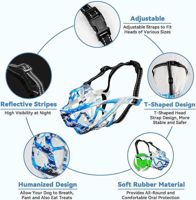 Dog Muzzle for Large Dogs, Breathable Basket Muzzles for Small, Medium and X-Large Aggressive Dog, Allows Panting Drinking, Suitable for Grooming Trimming Training (Camouflage Blue, L)