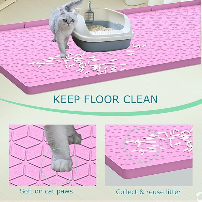 Cat Litter Mat, Silicone Large Cat Mat for Litter Box - 31x22 in, Waterproof & Non-Slip, Durable & Easy Clean, Pink