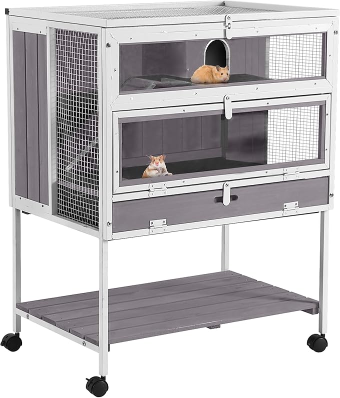 GUTINNEEN Guinea Pig Cage Hamster House with Anti-Chewing Metal Frame Rat Cage with Wheels and Storage, White Metal Frame