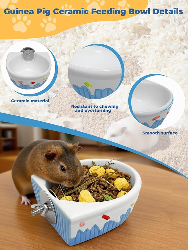 Chinchilla Food Bowl Ceramic Guinea Pig Cage Feeder Hanging Bunny Food Dish Small Animal Feeding Bowls for Syrian Hamster Ferret Gerbils (Blue)
