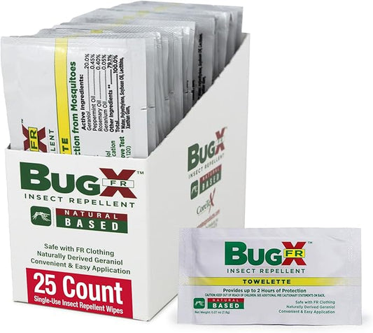 CoreTex Bug X FR DEET-Free Insect Repellent Wipes - Pack of 25 Single-Use, Naturally Derived Geranium Oil Bug Wipes - Protects Against Flies, Fleas & Mosquitoes - Travel Mosquito Repellent Towelettes