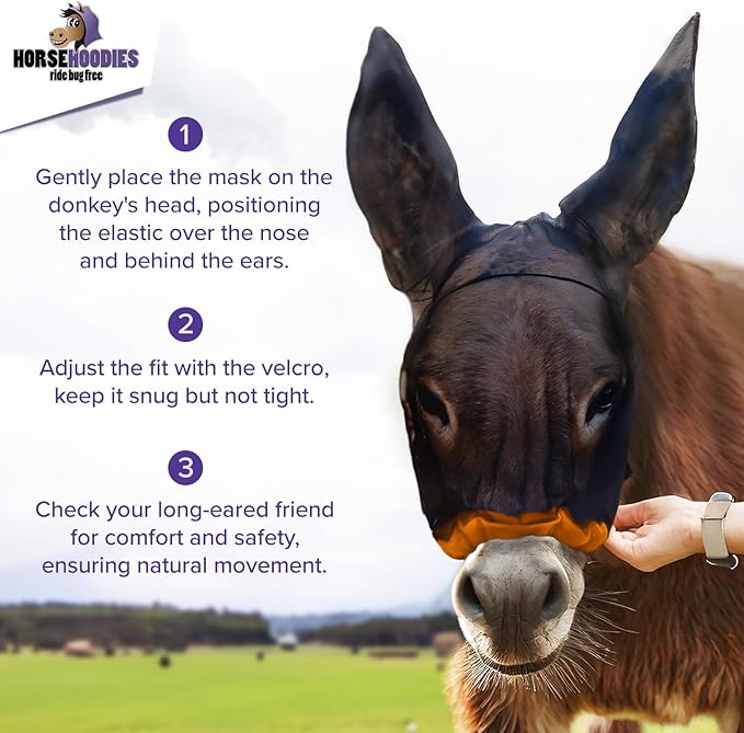 Donkey Fly Mask with Long Ears (Blue) Made in USA - Mule Fly Mask with Ears Protection from Insects and Bugs, Mini Donkey Soft Mesh Fabric with Adjustable Fastener, Face Cover Supplies for Donkeys