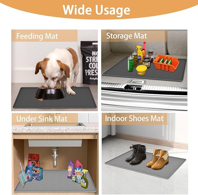 24" x 16" Dog Food Mat, Silicone Pet Mats for Food and Water, Nonslip Pet Feeding Mats for Floors, Dog Cat Bowl Mat with Raised Edges, Light Gray