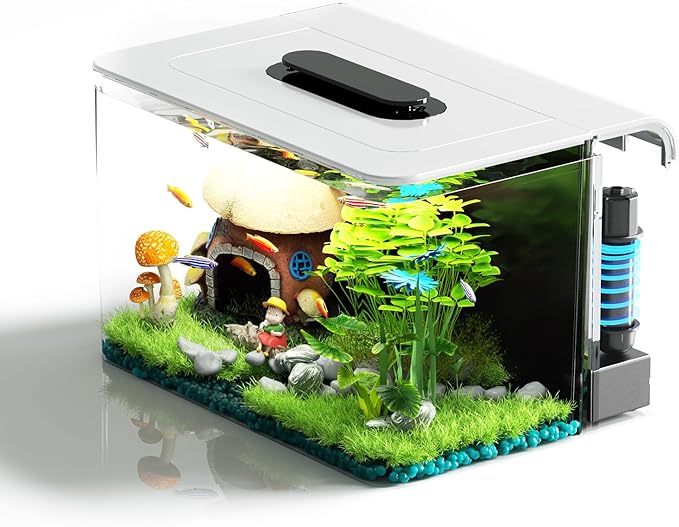 Betta Fish Tank, 2.5 Gallon Aquarium Kit with Modular Filtration, Heater, Light, Self Cleaning, Oxygenation, Small Fish Tank for Goldfish, Guppy, Shrimp