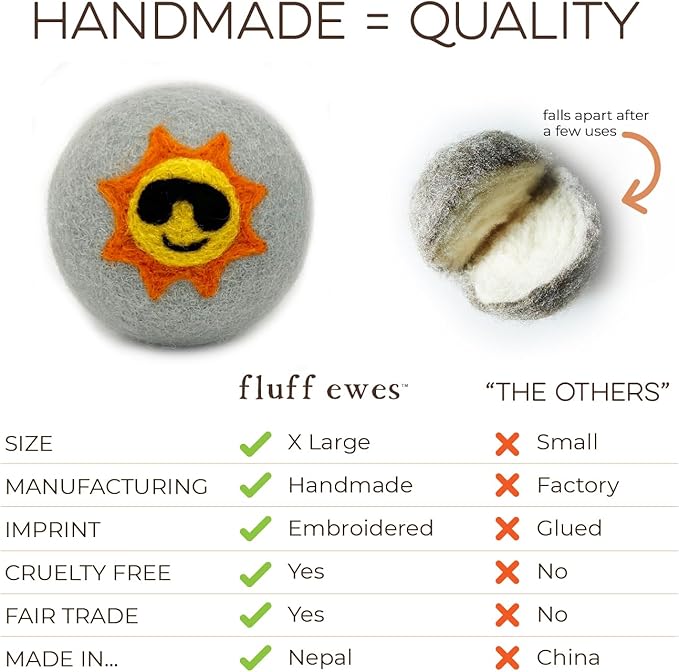 Fluff Ewes Wool Dryer Balls 6 Pack Premium New Zealand Wool Laundry Balls for Dryer, No Static Dryer Balls Laundry Reusable, XL Wool Dryer Balls Cute, Baby Dryer Balls for Dryers - Fun in The Sun