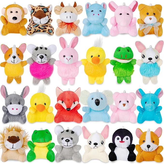 24 Pack Mini Stuffed Animals Bulk Party Favors For Kids Treasure Box Toys Classroom Plush Toys Claw Machine Key Chains Carnival Prizes Small Valentine Halloween Christmas Gifts Stocking Stuffers