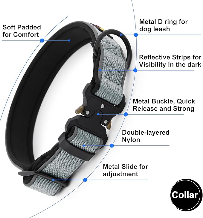 Plutus Pet Tactical Dog Collar, Reflective, Adjustable Heavy Duty Dog Collar, Soft Padded and Comfortable, for Small Medium and Large Dogs (Gray, L)