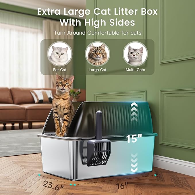 Tripamin 15” XL Stainless Steel Cat Litter Box Enclosure, XXL Stainless Steel High Sides with Lid, Extra Large Metal Cat Litter Box (Translucent Black, XX-Large)