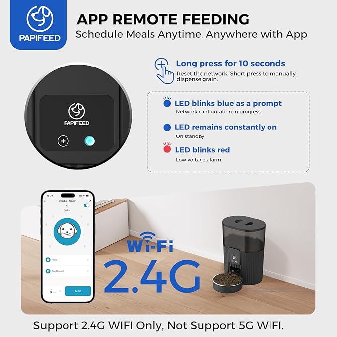 PAPIFEED Automatic Cat Feeder 3.5L/15 Cup 2.4G WiFi Pet Feeder for Dog Work with Alexa & Echo Timed Cat Food Dispenser for Remote Feeding with Stainless Steel Bowl up to 10 Meals Per Day with APP