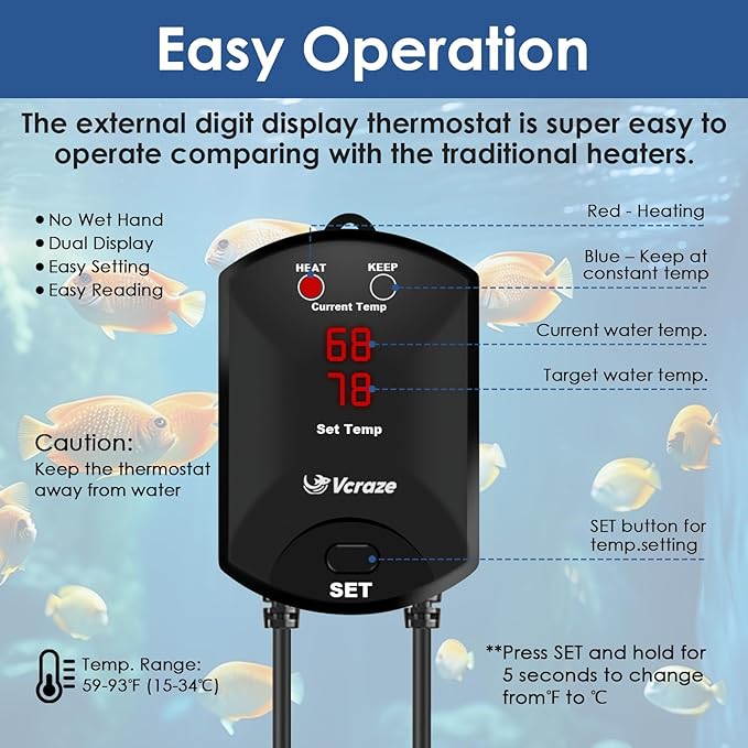 Aquarium Heater 200W Fish Tank Heater with External Thermostat (Dual Digital Display), Turtle Heater for Tanks 20-40 Gallons, Dry-Run/Overheating Protection and Memory Function
